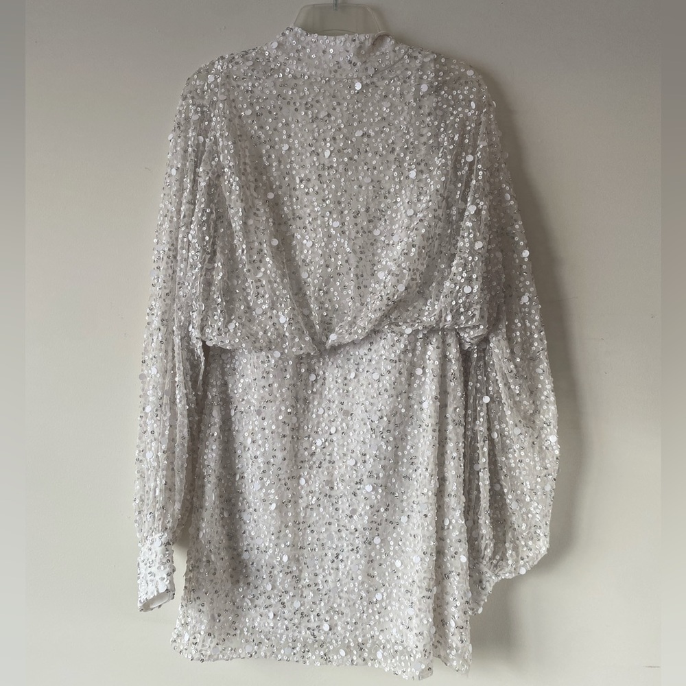 Nasty Gal, Balloon Sleeve Sequin Embellished Mini Dress, White, size 12